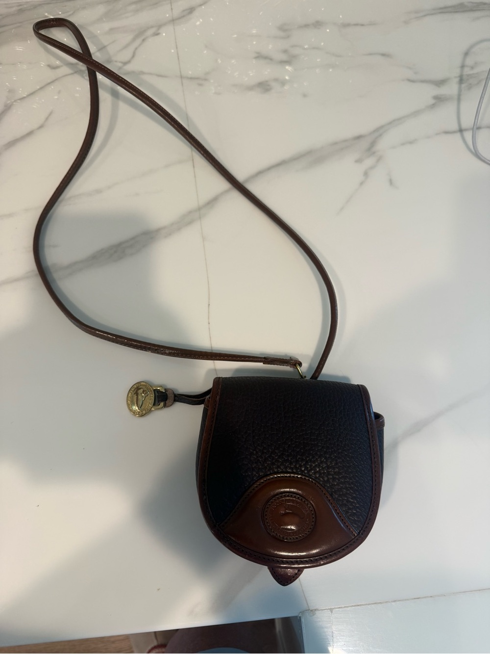 Vintage Dooney & Bourke Dark Brown Pebble Leather mini Crossbody with Tan Trim